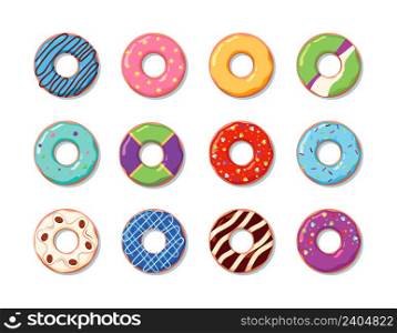 Donuts. Pastries products dessert delicious food for breakfast chocolate donuts garish vector flat illustrations. Donut dessert and snack pastry collection colored. Donuts. Pastries products dessert delicious food for breakfast chocolate donuts garish vector flat illustrations