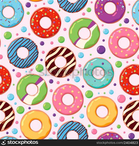 Donuts pattern. Food rings colorful sugared chocolate round donuts garish vector illustrations of seamless background. Cake dessert delicious wrapping pattern. Donuts pattern. Food rings colorful sugared chocolate round donuts garish vector illustrations of seamless background