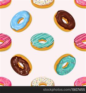 Donuts seamless isometric pattern. Cute sweet food baby background. Colorful design for textile, wallpaper, fabric, decor. Template for design. Vector illustration in flat style. Donuts seamless pattern