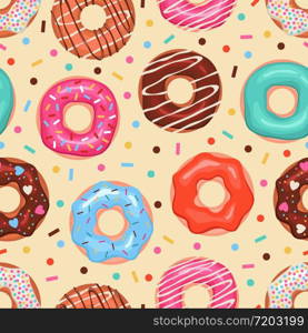 Donuts seamless pattern. Colored doughnuts assorted, american sweet food. Design for fabric print, bakery sticker cartoon vector dessert texture. Donuts seamless pattern. Colored doughnuts assorted, american sweet food. Design for fabric print, bakery sticker cartoon vector texture