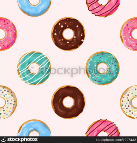 Donuts seamless pattern. Cute sweet food baby background. Colorful design for textile, wallpaper, fabric, decor. Template for design. Vector illustration in flat style. Donuts seamless pattern