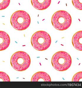 Donuts seamless pattern. Cute sweet food baby background. Colorful design for textile, wallpaper, fabric, decor. Template for design. Vector illustration in flat style. Donuts seamless pattern