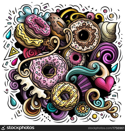 Donuts vector doodles illustration. Sweets poster design. Doughnut elements and objects cartoon background. Bright colors funny picture. All items are separated. Donuts hand drawn vector doodles illustration.