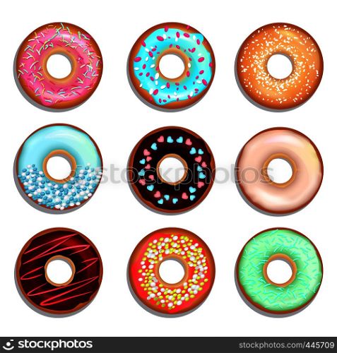 Donuts with cream and chocolate. Vector illustrations of sweets. Donut food chocolate, sweet delicious bakery. Donuts with cream and chocolate. Vector illustrations of sweets