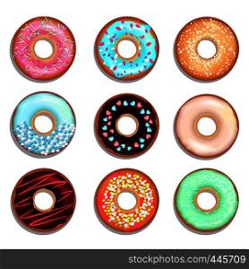 Donuts with cream and chocolate. Vector illustrations of sweets. Donut food chocolate, sweet delicious bakery. Donuts with cream and chocolate. Vector illustrations of sweets