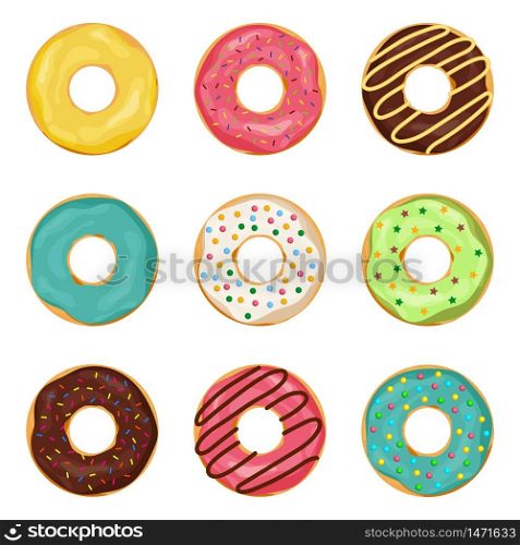 Donuts with glaze on isolated background. Set of cartoon doughnut with chocolate cream for coffee. Sweet dessert. Frosted decoration of yummy cake. Flat donut with sugar glaze. Tasty pastry. vector. Donuts with glaze on isolated background. Set of cartoon doughnut with chocolate cream for coffee. Sweet dessert. Frosted decoration of yummy cake. Flat donut and sugar glaze. Tasty pastry. vector