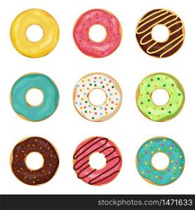 Donuts with glaze on isolated background. Set of cartoon doughnut with chocolate cream for coffee. Sweet dessert. Frosted decoration of yummy cake. Flat donut with sugar glaze. Tasty pastry. vector. Donuts with glaze on isolated background. Set of cartoon doughnut with chocolate cream for coffee. Sweet dessert. Frosted decoration of yummy cake. Flat donut and sugar glaze. Tasty pastry. vector