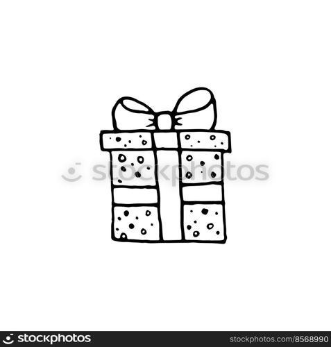 Dood≤gift box with bow icon isolated on white background. Christmas and Birthday presents with hearts thin li≠dood≤in cartoon sty≤. Gift wrap or packa≥. Hand drawn icons vector illustration