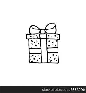 Dood≤gift box with bow icon isolated on white background. Christmas and Birthday presents with hearts thin li≠dood≤in cartoon sty≤. Gift wrap or packa≥. Hand drawn icons vector illustration