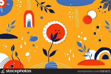 Doodle abstract background. Cartoon hand drawn plants, drops and lines, round shapes. Yellow illustration for social media posts and posters or wrapping paper. Vector contemporary design template. Doodle abstract background. Hand drawn plants, drops and lines, round shapes. Yellow illustration for social media posts and posters or wrapping paper. Vector contemporary template