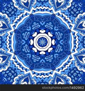 Doodle abstract ornamental winter background seamless vector pattern. Mandala art blue and white repeating design. Blue abstract winter background seamless vector pattern