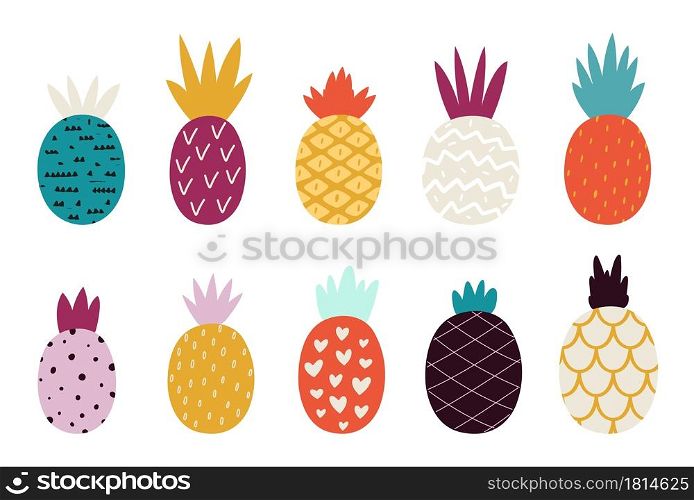 Doodle abstract pineapple. Colorful pineapples, fruits print. Fresh textured exotic food drawing, isolated decorative scandinavian style plants vector collection. Pineapple summer fruit illustration. Doodle abstract pineapple. Colorful pineapples, trendy fruits print. Fresh textured exotic food drawing, isolated decorative scandinavian style plants vector collection