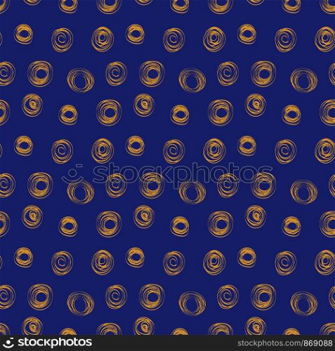 Doodle abstract seamless pattern. Vector background. Scrapbook, gift wrapping paper, textiles. Blue and golden sketch. Hand drawn circle