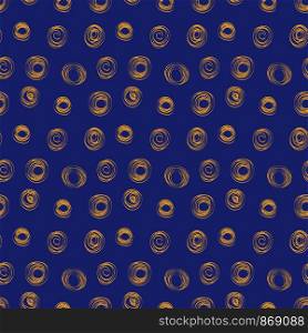 Doodle abstract seamless pattern. Vector background. Scrapbook, gift wrapping paper, textiles. Blue and golden sketch. Hand drawn circle