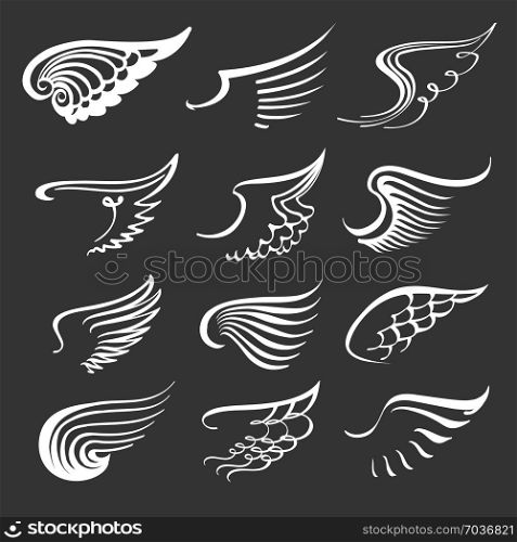 Doodle angel wings set. Contour wing icons. Angels and bird symbols. Vector contour illustration.