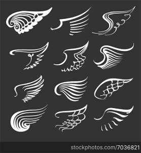 Doodle angel wings set. Contour wing icons. Angels and bird symbols. Vector contour illustration.