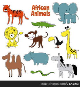 Doodle animals. African baby animal lion, monkey and crocodile, elephant and giraffe, zebra and hippo vector characters. Illustration of hippo and crocodile, alligator african, giraffe africa. Doodle animals. African baby animal lion, monkey and crocodile, elephant and giraffe, zebra and hippo vector characters