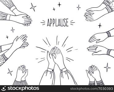 Doodle applause. Happy people drawn hands, high five illustration, sketch draw of clapping hands. Vector agreement and success concept on white. Doodle applause. Happy people hands, high five illustration, sketch draw of clapping hands. Vector agreement and success concept