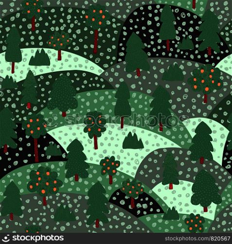 Doodle apple tree landscape background. Fruit trees seamless pattern. Naive art style. Design for fabric, textile print, wrapping paper, children textile. Vector illustration. Doodle apple tree landscape background. Fruit trees seamless pattern.