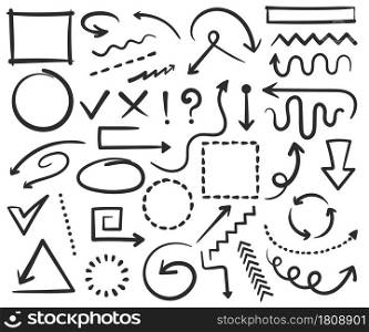 Doodle arrows and frames, hand drawn circles, square shapes. Sketch arrow, border, frame, check mark, pointer scribble drawing vector set. Scribble signs, question and exclamation marks. Doodle arrows and frames, hand drawn circles, square shapes. Sketch arrow, border, frame, check mark, pointer scribble drawing vector set