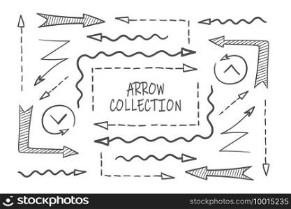 Doodle arrows. Set of black grunge hand drawn arrows isolated on white. Vector illustration