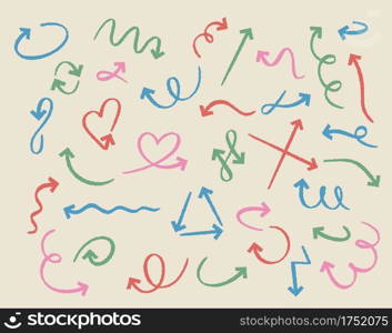 Doodle arrows. Sketch pastel curved arrow handmade elements. Outline red, pink, blue and green direction pointer isolated vector symbols. Illustration arrow doodle direction, simplicity curve. Doodle arrows. Sketch pastel curved arrow handmade elements. Outline red, pink, blue and green direction pointer isolated vector symbols