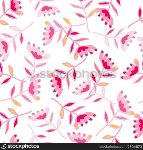 Doodle art floral seamless pattern. Folk flower wallpaper. Cute ditsy print. Creative plants endless wallpaper. Design for fabric, textile print, wrapping, cover. Vector illustration. Doodle art floral seamless pattern. Folk flower wallpaper. Cute ditsy print.