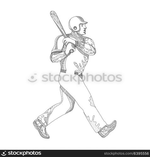 Doodle art illustration of a baseball player batting with bat viewed from side on isolated background done in black and white.. Baseball Player Batting Doodle