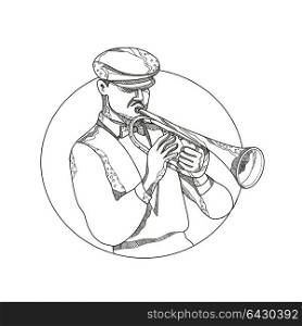 Doodle art illustration of a classical jazz musician playing a trumpet wearing a flat cap or cabbie cap set inside circle in black and white done in mandala style.. Jazz Musician Playing Trumpet Doodle Art
