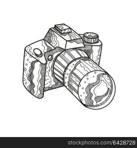Doodle art illustration of a DSLR camera, digital SLR or digital single-lens reflex camera done in mandala style.. DSLR Camera Doodle Art