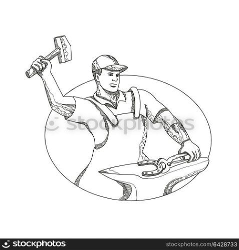 Doodle art illustration of a farrier wielding a hammer striking, forging a horseshoe on anvil done in mandala style.. Farrier Wielding Hammer Oval Doodle Art