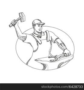 Doodle art illustration of a farrier wielding a hammer striking, forging a horseshoe on anvil done in mandala style.. Farrier Wielding Hammer Oval Doodle Art
