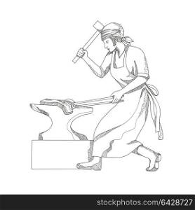 Doodle art illustration of a female blacksmith or metalsmith forging metal using a hammer and holding the steel with pliers on anvil done in mandala style.. Female Blacksmith at Work Doodle Art