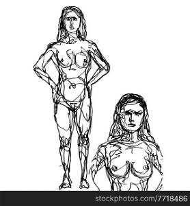 Doodle art illustration of a female human figure model posing and standing in the nude viewed from front done in continuous line drawing style in black and white on isolated background.. Female Human Figure Model Posing and Standing in the Nude Viewed from Front Doodle Art Continuous Line Drawing 