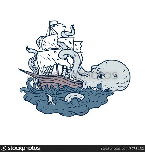 Doodle art illustration of a kraken, a legendary cephalopod-like giant sea monster attacking a sailing ship with its tentacles on sea with tumultuous waves done in sketch drawing style.. Kraken Attacking Sailing Galleon Doodle Art Color