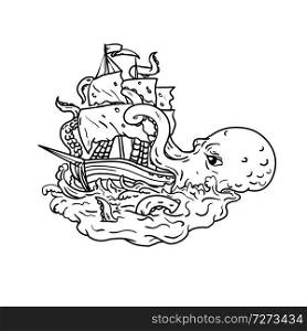 Doodle art illustration of a kraken, a legendary cephalopod-like giant sea monster attacking a sailing ship with its tentacles on sea with tumultuous waves done in black and white drawing style.. Kraken Attacking Sailing Ship Doodle Art
