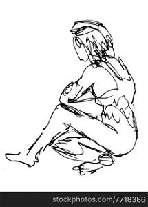 Doodle art illustration of a nude female figure sitting on floor side view done in continuous line drawing style in black and white on isolated background.. Nude Female Figure Sitting on Floor Side View Doodle Art Continuous Line Drawing 