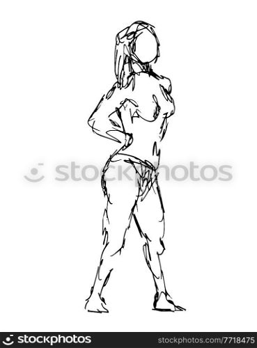 Doodle art illustration of a nude female figure standing with hands on hips of head done in continuous line drawing style in black and white on isolated background.. Nude Female Figure Standing Hands on Hips Doodle Art Continuous Line Drawing
