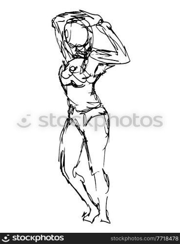 Doodle art illustration of a nude female figure standing with hands on back of head done in continuous line drawing style in black and white on isolated background.. Nude Female Standing Hands on Back of Head Doodle Art Continuous Line Drawing