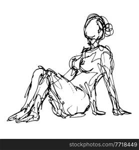 Doodle art illustration of a nude female human figure model posing seated or sitting down done in continuous line drawing style in black and white on isolated background.. Nude Female Human Figure Model Posing Sitting Down Doodle Art Continuous Line Drawing 