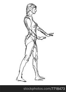 Doodle art illustration of a nude female human figure model posing standing done in continuous line drawing style in black and white on isolated background.. Nude Female Human Figure Posing Standing Side View Doodle Art Continuous Line Drawing 