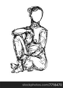 Doodle art illustration of a nude female human figure model seated, hook sitting cross-legged done in continuous line drawing style in black and white on isolated background.. Nude Female Human Figure Posing Hook Sitting Doodle Art Continuous Line Drawing 