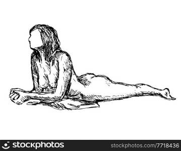 Doodle art illustration of a nude female human figure posing Prone on Elbows Side View in line drawing style in black and white on isolated background.. Nude Female Figure Model Posing Prone on Elbows Side View Doodle Art Continuous Line Drawing 