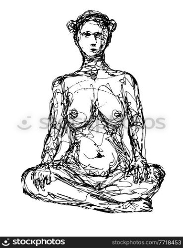 Doodle art illustration of a nude female human figure posing seated or cross sitting with legs crossed done in continuous line drawing style in black and white on isolated background.. Nude Female Human Figure Posing Cross Sitting Doodle Art Continuous Line Drawing 