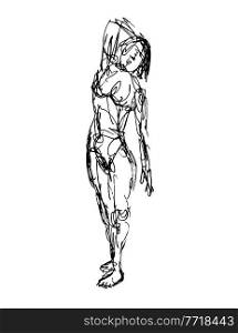 Doodle art illustration of a nude female human figure posing standing done in continuous line drawing style in black and white on isolated background.. Nude Female Human Figure Posing Standing Doodle Art Continuous Line Drawing 