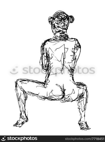 Doodle art illustration of a nude female human figure seated or sitting down viewed from rear done in continuous line drawing style in black and white on isolated background.. Nude Female Human Figure Sitting Viewed From Rear Doodle Art Continuous Line Drawing 
