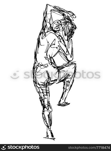 Doodle art illustration of a nude female human figure standing rear view done in continuous line drawing style in black and white on isolated background.. Nude Female Human Figure Standing Rear View Doodle Art Continuous Line Drawing 