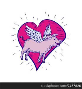 Doodle art illustration of a pig, hog or boar with wing flying side view set inside pink heart done in drawing sketch style on isolated white background in color. . Pig With Wings Flying Heart Doodle
