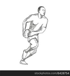 Doodle art illustration of a rugby player passing while running with ball in black and white done in mandala style.. Rugby Player Passing Ball Doodle Art