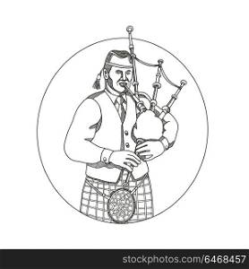 Doodle art illustration of a Scottish bagpiper playing bagpipes viewed from front set inside oval shape done in mandala style.. Scottish Bagpiper Doodle Art